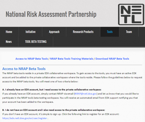 Image of NRAP Tools Webpage